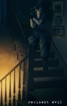 Rule 34 | 1girl, black gloves, blue pants, commentary, copyright name, english commentary, fingerless gloves, gloves, gun, handgun, highres, holding, holding gun, holding weapon, jill valentine, neal d. anderson, pants, resident evil, resident evil 1, shoulder pads, stairs, weapon