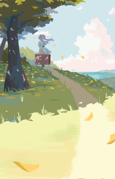 1girl absurdres blue_sky capelet closed_mouth cloud commentary day elf english_commentary frieren gold_trim grass green_eyes grey_hair highres holding holding_suitcase leaf long_hair long_sleeves looking_at_viewer no_lineart outdoors parted_bangs path pointy_ears road scenery skirt skirt_set sky solo sousou_no_frieren standing suitcase sunlight tree twintails water white_capelet white_skirt wide_shot wind zb_relic