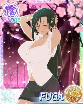 1girl adjusting_hair after_rain arms_up black_skirt border breasts card_(medium) character_name cherry_blossoms cleavage closed_eyes english_text falling_petals fuga_(senran_kagura) game_cg green_hair large_breasts long_hair mole mole_under_eye official_alternate_costume official_art parted_lips partially_unbuttoned petals pleated_skirt senran_kagura senran_kagura_new_wave shirt short_sleeves skirt smile solo swept_bangs wet wet_clothes wet_hair white_shirt