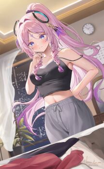 1girl absurdres alternate_costume alternate_hairstyle analog_clock bare_shoulders black_camisole blue_eyes blush breasts calendar_(object) camisole citlali_(genshin_impact) city_lights clock closed_mouth collarbone commentary contemporary facial_mark finger_to_face floating_headgear forehead_mark genshin_impact gradient_hair grey_pants hair_intakes hand_on_own_hip harukix headgear highres index_finger_raised indoors large_breasts long_hair midriff multicolored_hair navel night pants pink_hair pink_pupils ponytail purple_hair signature solo strap_slip sweatdrop thinking triangle triangle_facial_mark unworn_clothes very_long_hair wall_clock window