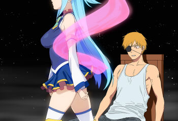 1boy 1girl a1_(initial-g) aqua_(konosuba) blonde_hair blue_hair blue_shirt blue_skirt blush breasts chainsaw_man chair collarbone crossover denji_(chainsaw_man) detached_sleeves eyepatch hair_ornament head_out_of_frame kono_subarashii_sekai_ni_shukufuku_wo! long_hair looking_at_another on_chair shirt sitting skirt sleeveless sleeveless_shirt tank_top thighhighs thighs walking white_sleeves white_tank_top white_thighhighs wooden_chair