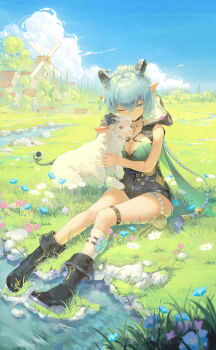 1girl 479993660 absurdres animal_ears black_boots black_horns black_unitard blue_sky boots braid breasts choker cleavage closed_mouth cloud commentary_request crossed_bangs earrings ethereal_(zenless_zone_zero) full_body goat_ears goat_girl goat_horns grass hair_between_eyes highres horizontal_pupils horns house jewelry key key_choker knee_strap long_hair looking_at_viewer lucia_elowen medallion medium_breasts on_ground one_eye_closed outdoors petting pointy_ears sheep single_bare_shoulder single_sleeve single_sock sky smile socks solo_focus tree twin_braids white_socks windmill zenless_zone_zero