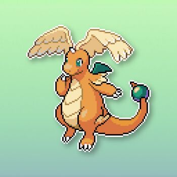 colored_skin dragonite feathered_wings gen_1_pokemon gradient_background green_background green_eyes head_wings highres horns mega_dragonite melpoli_98 nintendo orange_skin pixel_art pokemon pokemon_(creature) single_horn solo tail white_wings wings