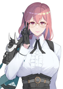 1girl adjusting_eyewear armor black_gloves black_ribbon blush breasts center_frills closed_mouth collared_shirt fanged_bangs frilled_shirt frills glasses gloves highres long_hair long_sleeves looking_at_viewer neck_ribbon pink_eyes pink_hair pink_lips ribbon shirt shoulder_armor simple_background smile solo suspenders tsukishiro_yanagi underbust white_background white_shirt yugensangyo zenless_zone_zero