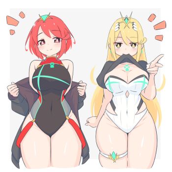 2girls bare_shoulders black_coat black_one-piece_swimsuit black_shirt blonde_hair border breasts chest_jewel cleavage clothes_lift coat core_crystal_(xenoblade) earrings grey_background highres jewelry large_breasts long_hair mouth_hold multiple_girls mythra_(radiant_beach)_(xenoblade) mythra_(xenoblade) one-piece_swimsuit open_clothes open_coat pyra_(pro_swimmer)_(xenoblade) pyra_(xenoblade) red_eyes red_hair shirt shirt_lift short_hair simple_background skindentation strapless strapless_one-piece_swimsuit swimsuit tiara uncool_mochi v white_border white_one-piece_swimsuit xenoblade_chronicles_(series) xenoblade_chronicles_2 yellow_eyes