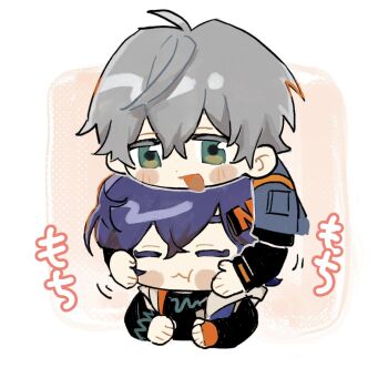 1boy 1girl :&lt; ahoge behind_another belle_(zenless_zone_zero) black_shirt blue_hair blue_jacket blush border bracelet brother_and_sister cheek_squash chibi chibi_only closed_eyes closed_mouth commentary_request cropped_torso crossed_bangs dotted_background fingerless_gloves gloves green_eyes grey_hair hair_between_eyes hair_ornament hand_on_another&#039;s_head hands_on_another&#039;s_cheeks hands_on_another&#039;s_face highres jacket jewelry layered_sleeves letter_hair_ornament long_sleeves looking_at_another motion_lines necklace nrso24944 open_mouth orange_gloves pink_background shirt short_hair short_over_long_sleeves short_sleeves siblings single_fingerless_glove single_glove sound_effects upper_body white_border wise_(zenless_zone_zero) zenless_zone_zero