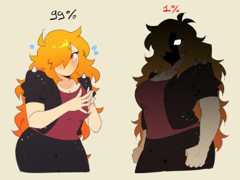 1girl anger_vein angry black_jacket black_pants blush commentary_request dual_persona firemauer flying_sweatdrops grey_background hair_over_one_eye highres jacket long_hair looking_at_viewer muscular muscular_female nerd_and_jock one_eye_covered open_clothes open_jacket orange_hair own_hands_together pants red_eyes red_shirt shaded_face shirt simple_background sweatdrop tiger_(nerd_and_jock)