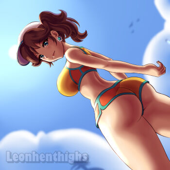 1girl ass bare_shoulders blue_eyes blue_sky breasts crop_top earrings hat jewelry large_breasts leonart looking_at_viewer mario_(series) mario_kart mario_kart_world micro_shorts nintendo orange_hair princess_daisy princess_daisy_(swimwear)_(mario_kart_world) shorts sky sleeveless swimsuit