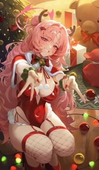 1girl absurdres antlers bell blue_archive blush bow breasts christmas christmas_lights christmas_ornaments christmas_tree cleavage commentary covered_navel double_bun double_v fishnets fur_shawl garter_straps gift grin hair_bun hair_ornament hairpin high_heels highres horns kirara_(blue_archive) leotard long_hair looking_at_viewer medium_breasts ninebell pink_eyes pink_hair red_bow red_leotard red_nails red_shawl red_shoes reindeer_antlers scrunchie shawl shoes smile solo squatting stuffed_animal stuffed_toy teddy_bear v wrist_scrunchie
