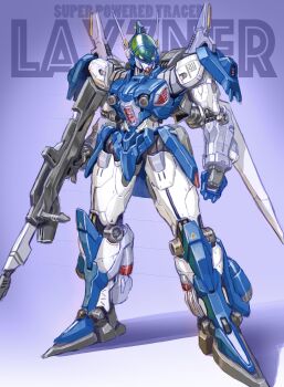 absurdres aoki_ryuusei_spt_layzner character_name clenched_hand commentary_request green_eyes gun highres holding holding_gun holding_weapon layzner looking_away maeda_hiroyuki mecha mecha_focus no_humans radio_antenna redesign robot science_fiction shadow solo standing weapon