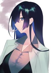 Rule 34 | 1girl, a.i. voice, absurdres, black hair, black vest, blue eyes, blue hair, breasts, brown shirt, cigarette, coat, collared shirt, colored inner hair, expressionless, hakumai (vnbnvnn), highres, lab coat, large breasts, long hair, looking at viewer, looking to the side, mouth hold, multicolored hair, open clothes, open coat, profile, shirt, simple background, smoke trail, smoking, solo, upper body, vest, white background, yogatari tobari