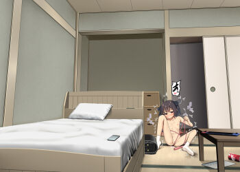 1girl arai_togami backpack bag bdsm bed bed_sheet bondage bound cellphone commentary_request female_masturbation flat_chest highres indoors loli masturbation nintendo_switch nipples nude phone pussy randoseru red_eyes sitting socks solo table touhoku_kiritan voiceroid white_socks