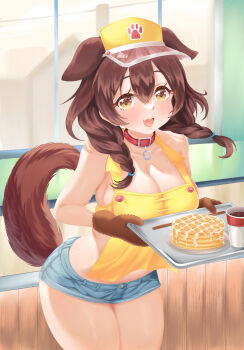 1girl :3 :d adapted_costume animal_ears apron blue_shorts braid breasts brown_eyes brown_gloves brown_hair cleavage coffee collar commentary cup dog_ears dog_girl dog_tail doggy_god&#039;s_street fang food gloves hat highres hololive inugami_korone large_breasts looking_at_viewer medium_hair open_mouth pancake red_collar rorol_reime shorts skin_fang smile solo tail twin_braids virtual_youtuber yellow_apron yellow_hat