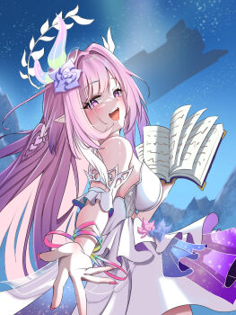 1girl astral_express_(honkai:_star_rail) bare_shoulders book breasts commentary_request cyrene_(honkai:_star_rail) cyrene_(ripples_of_past_reverie)_(honkai:_star_rail) diamond-shaped_pupils diamond_(shape) dress flower hair_flower hair_ornament highres holding holding_book honkai:_star_rail honkai_(series) large_breasts long_hair looking_at_viewer night night_sky open_book open_mouth pink_hair pink_nails pointy_ears purple_eyes reaching reaching_towards_viewer sao_(user_hyyt7452) sky smile solo star_(sky) starry_sky symbol-shaped_pupils very_long_hair white_dress