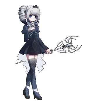 1girl absurdres black_dress black_thighhighs blue_eyes blunt_bangs bow closed_mouth crown dress drill_hair full_body gosegu grey_hair hair_bow hand_on_own_chest high_heels highres holding jewelry juliet_sleeves long_sleeves looking_at_viewer multicolored_hair necklace ohun puffy_sleeves solo staff standing thighhighs transparent_background twin_drills twintails virtual_youtuber waktaverse wand zettai_ryouiki