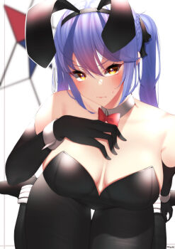 alternate_costume animal_ears arm_support azur_lane blush bow bowtie breasts cleavage commentary_request detached_sleeves embarrassed essex_(azur_lane) hand_on_own_chest highres large_breasts looking_at_viewer miyuki_(9029009) pantyhose playboy_bunny purple_hair rabbit_ears sidelocks sitting twintails wariza yellow_eyes