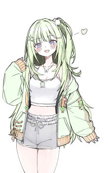 1girl absurdres arm_at_side breasts camisole choppy_bangs cleavage cowboy_shot crop_top drawstring elppi green_hair green_jacket grey_eyes grey_shorts hand_up hashtag-only_commentary heart highres jacket long_hair long_sleeves midriff muted_color navel one_side_up open_clothes open_jacket open_mouth print_camisole short_shorts shorts simple_background single_off_shoulder sleeves_past_wrists smile solo standing stellive unzipped virtual_youtuber white_background white_camisole yuzuha_riko