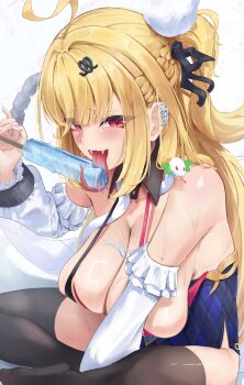 1girl absurdres ahoge bare_shoulders blonde_hair blush breasts chalky_(zenless_zone_zero) cissia_(zenless_zone_zero) commentary_request fang fangs food hair_between_eyes hair_ornament highres holding holding_food holding_ice_cream ice_cream large_breasts licking long_hair long_tongue looking_at_viewer open_mouth pink_nails pom_pom_(clothes) pom_pom_hair_ornament red_eyes shizuki_eri shock_collar snake snake_girl snake_tail solo sweat tail tongue tongue_out white_snake zenless_zone_zero