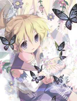1boy 2000s_(style) bass_clef black_sailor_collar black_shorts blonde_hair blue_butterfly blue_eyes bug butterfly collarbone cowboy_shot detached_sleeves hair_between_eyes hekicha insect kagamine_len lace-trimmed_sleeves lace_trim looking_at_object male_focus open_mouth own_hands_together ponytail sailor_collar short_ponytail shorts solo vocaloid