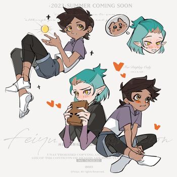 2girls amity_blight aqua_hair black_nails blue_shorts blush book brown_hair dark-skinned_female dark_skin dog fiy1827565 heart highres holding holding_book looking_to_the_side luz_noceda multiple_girls nervous pointy_ears purple_shirt shirt shoes short_hair shorts simple_background sitting sun the_owl_house tomboy white_shoes yellow_eyes