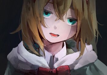 Rule 34 | 1girl, aqua eyes, black background, blonde hair, blue eyes, bow, bowtie, bphuhz4uzzy9tgi, capelet, collared shirt, commentary request, dot nose, hair between eyes, hairband, half-closed eyes, head tilt, highres, hood, hood down, looking at viewer, lower teeth only, medium hair, open mouth, petra leyte, portrait, re:zero kara hajimeru isekai seikatsu, red bow, red bowtie, shirt, simple background, smile, solo, teeth, white shirt