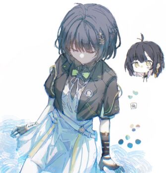 1girl ahoge akisyounanndesu black_gloves black_hair black_jacket bow bowtie breasts closed_eyes dress female_rover_(perpetual_spark)_(wuthering_waves) female_rover_(wuthering_waves) fingerless_gloves gloves hair_ornament highres jacket jewelry official_alternate_costume rover_(wuthering_waves) solo white_dress wuthering_waves yellow_bow yellow_bowtie yellow_eyes