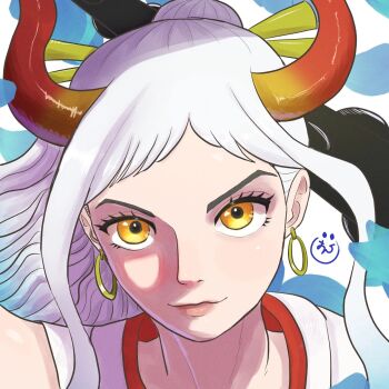 1girl close-up closed_mouth club club_(weapon) commentary_request earrings eyelashes highres hoop_earrings horns jewelry kanabou one_piece onepiece_banbi ponytail smile solo v-shaped_eyebrows weapon white_hair yamato_(one_piece)