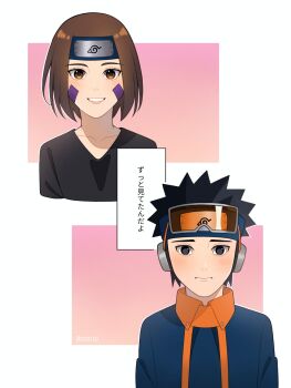 Rule 34 | 1boy, 1girl, aged down, black eyes, black hair, blue headband, blue jacket, brown eyes, brown hair, cherrsyazz, commentary, english commentary, facial mark, forehead protector, goggles, goggles on head, headband, highres, jacket, naruto (series), naruto shippuuden, nohara rin, smile, translation request, uchiha obito