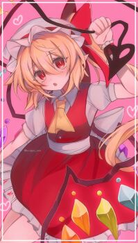 1girl :o arm_up ascot back_bow blonde_hair bow collared_shirt commentary cowboy_shot crystal_wings flandre_scarlet frilled_skirt frills hair_between_eyes hat hat_ribbon heart highres holding holding_weapon inset_border laevatein_(touhou) long_hair looking_at_viewer mob_cap open_mouth pink_background pointy_ears puffy_short_sleeves puffy_sleeves red_eyes red_ribbon red_skirt red_vest ribbon sash shirt short_sleeves side_ponytail skirt slit_pupils solo suigyu_xxx symbol-only_commentary touhou twitter_username vest weapon white_bow white_sash white_shirt wings yellow_ascot