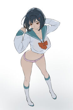 1girl aqua_sailor_collar black_hair bow breasts brown_eyes closed_mouth commentary english_commentary full_body hair_ornament hairclip highres original panties pink_panties red_bow sailor_collar shirt short_hair simple_background socks solo standing striped_clothes striped_panties timbougami underwear white_background white_shirt white_socks
