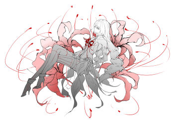 1girl absurdres arm_bow bare_shoulders braid braided_twintails cdlo collarbone crossed_legs detached_collar dress flower flower_on_chest from_side full_body greyscale high_heels highres invisible_chair long_hair looking_at_viewer monochrome phrolova_(wuthering_waves) profile red_flower sideways_glance simple_background sitting solo spider_lily spot_color stiletto_heels strapless thighhighs twin_braids very_long_hair wuthering_waves