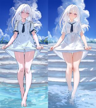 1girl blush breasts cloud cloudy_sky covered_navel crossed_bangs day dress highres long_hair looking_at_viewer mignon navel open_mouth original outdoors purple_eyes ripples sailor_dress see-through_clothes shallow_water shiro_(mignon) short_sleeves sketch skirt_hold sky small_breasts solo splashing standing standing_on_liquid thighs walking walking_on_liquid water wet wet_clothes white_dress white_hair