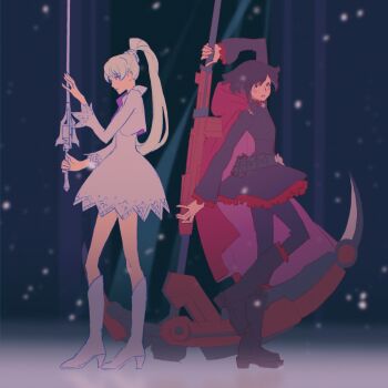 2girls 55bata6rou arm_up black_boots black_dress black_hair blue_eyes boots cape crescent_rose dress full_body high_heel_boots high_heels highres hood hood_down knee_boots long_hair long_sleeves looking_at_viewer multiple_girls myrtenaster outdoors ponytail rapier red_cape ruby_rose rwby short_hair snow snowing standing standing_on_one_leg sword weapon weiss_schnee white_boots white_dress white_hair