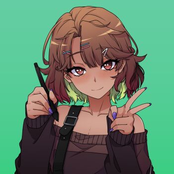 1girl artist_self-insert bare_shoulders bright_pupils brown_hair brown_sweater closed_mouth colored_inner_hair commentary curtained_hair dark-skinned_female dark_skin english_commentary green_background green_hair hair_between_eyes hair_ornament highres holding holding_stylus long_sleeves looking_at_viewer megumo multicolored_hair nail_polish off-shoulder_sweater off_shoulder original puffy_long_sleeves puffy_sleeves purple_nails raised_eyebrows red_eyes short_hair simple_background smile solo stylus sweater transgender_flag two-tone_hair upper_body white_pupils x_hair_ornament