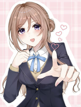 1girl blazer blue_eyes blue_jacket blue_ribbon blush brown_hair commentary gakuen_idolmaster hatsuboshi_gakuen_school_uniform heart highres himesaki_rinami idolmaster jacket long_hair long_sleeves looking_at_viewer neck_ribbon pink_background plaid_background pointing pointing_at_viewer ribbon school_uniform shirt smile solo sweater tarou_(ucrn4887) upper_body white_shirt yellow_sweater