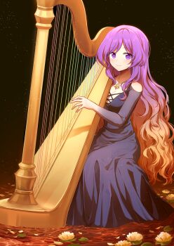 Rule 34 | 1girl, absurdres, alternate costume, black dress, blonde hair, breasts, cleavage, closed mouth, collarbone, commentary, dress, flower, gradient hair, harp, highres, hijiri byakuren, holding harp, instrument, jewelry, kaoling, long hair, looking at viewer, lotus, multicolored hair, music, necklace, pendant, playing instrument, purple dress, purple eyes, purple hair, smile, solo, touhou, two-tone hair, very long hair, water, wavy hair, white petals