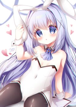 1girl animal_ears blue_eyes blue_hair blush gochiusa_bunnysuit gochuumon_wa_usagi_desu_ka? hair_ornament hamiyamiko kafuu_chino leotard loli official_alternate_costume pantyhose playboy_bunny rabbit_ears solo white_leotard wrist_cuffs x_hair_ornament