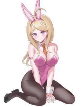 1girl ahoge akamatsu_kaede animal_ears arm_strap bare_shoulders between_breasts black_pantyhose black_shoes blonde_hair breasts cleavage collarbone danganronpa_(series) danganronpa_v3:_killing_harmony detached_collar fake_animal_ears fortissimo full_body hair_ornament highres keke_(xfxyuio) knee_strap large_breasts leotard long_hair looking_at_viewer musical_note musical_note_hair_ornament necktie necktie_between_breasts pantyhose pink_leotard playboy_bunny protected_link purple_eyes rabbit_ears revision shiny_skin shoes simple_background sitting smile solo strapless strapless_leotard wariza white_background white_wrist_cuffs wrist_cuffs