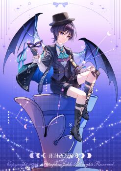 1boy 2025 absurdres alternate_costume ascot black_boots black_cloak black_gloves black_hair black_hat black_shorts blue_ascot blue_cloak blue_gemstone boater_hat boots brooch cat_mask character_name cloak closed_mouth collared_shirt commentary constellation crescent demon_wings domino_mask english_commentary eye_mask eyeliner eyeshadow formal_clothes frilled_shirt_collar frilled_sleeves frills full_body gem genshin_impact gloves gold half_gloves hand_on_own_knee hand_up hat highres holding holding_mask jewelry knee_up lace-up_boots layered_ascot long_sleeves looking_at_viewer makeup male_focus mask multicolored_hair pumpkinjakk purple_ascot purple_eyes purple_hair purple_mask purple_pupils purple_wings red_eyeliner red_eyeshadow scaramouche_(genshin_impact) shirt shorts sitting smile solo spiked_wings star_(sky) streaked_hair striped_clothes striped_shorts tsurime two-sided_cloak two-sided_fabric undershirt wanderer_(genshin_fes_2026)_(genshin_impact) wanderer_(genshin_impact) watermark white_shirt white_sleeves white_trim wings