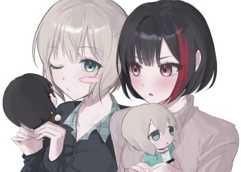 Rule 34 | 2girls, alternate costume, aoba moca, bang dream!, black hair, black jacket, blue eyes, character doll, cll318, collarbone, doll, grey hair, grey sweater, hashtag-only commentary, holding, jacket, looking at another, mitake ran, multiple girls, one eye closed, red eyes, red streaks, short hair, simple background, sweater, upper body, white background