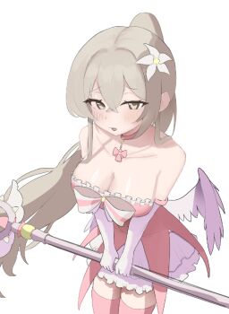 1girl alternate_costume bare_shoulders blonde_hair blue_archive blush breasts brown_eyes choker cleavage collarbone cosplay dress elbow_gloves feathered_wings flower gloves hair_between_eyes hair_flower hair_ornament holding large_breasts long_hair looking_at_viewer low_wings magical_girl nagisa_(blue_archive) open_mouth pink_dress pink_thighhighs ponytail seulraimbbang simple_background solo staff strapless thighhighs white_background white_gloves white_wings wings