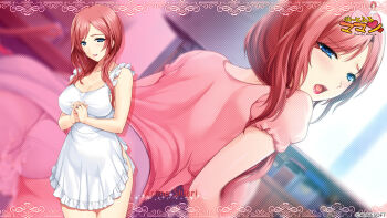 1girl alice_soft arima_shiori_(heartful_maman) blue_eyes breasts character_name cleavage dress heartful_maman highres large_breasts long_hair official_art official_wallpaper onigirikun open_mouth own_hands_together red_hair skirt solo_focus white_dress white_skirt