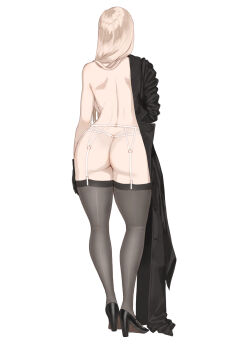 Rule 34 | 1girl, ass, backboob, black coat, black footwear, black gloves, breasts, coat, erica (throtem), from behind, full body, garter belt, gloves, grey thighhighs, high heels, highres, light brown hair, long hair, long sleeves, no bra, original, solo, standing, thighhighs, throtem, white garter belt