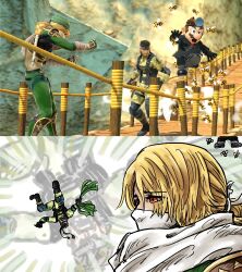 1girl 2boys alternate_color bandana bee blonde_hair braid braided_ponytail bridge bug dr._mario dr._mario_(game) facial_hair game_screenshot_inset green_bandana insect kicdon mario mario_(series) metal_gear_(series) metal_gear_solid_3:_snake_eater multiple_boys mustache nintendo player_2 red_eyes scene_reference sheik solid_snake super_smash_bros. the_boss the_legend_of_zelda the_legend_of_zelda:_ocarina_of_time wooden_bridge zoom_layer
