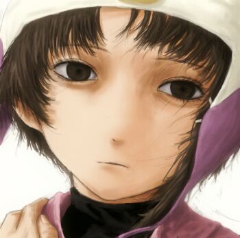1girl beanie brown_eyes brown_hair closed_mouth earflap_beanie hat highres iwakura_lain looking_at_viewer portrait ranm12s serial_experiments_lain solo