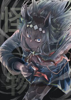 1girl absurdres ahoge animal_ears black_pantyhose blue_eyes blue_sailor_collar blue_skirt closed_mouth commentary_request ear_ornament grey_hair grey_tail hair_between_eyes hair_ornament hairband highres horse_ears horse_girl horse_tail jacket long_hair long_sleeves multicolored_hair neckerchief oguri_cap_(starlight_beat)_(umamusume) oguri_cap_(umamusume) pantyhose pleated_skirt red_neckerchief rinka_(tonariuta) running sailor_collar shirt skirt solo sweat tail umamusume umamusume:_cinderella_gray white_jacket white_shirt