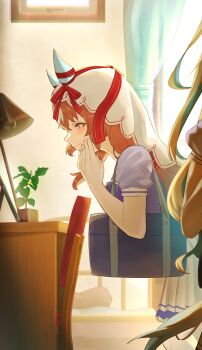 2girls absurdres animal_ears bag blonde_hair blue_hair blush bow bowtie brown_hair closed_mouth commentary_request desk_lamp ear_covers ear_ribbon ginmusou373 hair_between_eyes hair_ornament highres horse_ears horse_girl horse_tail lamp long_hair looking_at_mirror mirror multicolored_hair multiple_girls neo_universe_(umamusume) plant potted_plant puffy_short_sleeves puffy_sleeves purple_bow purple_bowtie purple_shirt red_eyes sailor_collar sailor_shirt school_bag school_uniform shirt short_sleeves skirt smile solo_focus still_in_love_(umamusume) tail thighhighs tracen_school_uniform two-tone_hair umamusume veil white_sailor_collar white_skirt white_streaks white_thighhighs white_veil