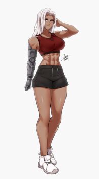 1girl abs absurdres airisubaka artist_name bare_arms bare_legs bare_shoulders black_shorts breasts commentary drawstring english_commentary full_body grey_eyes hand_up highres large_breasts long_hair looking_at_viewer mechanical_arms midriff muscular muscular_female navel original prosthesis prosthetic_arm red_sports_bra scar scar_on_face shoes short_shorts shorts signature simple_background single_mechanical_arm smile sneakers solo sports_bra standing white_background white_hair white_shoes