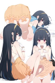 2girls ass bad_id barefoot black_hair blue_hair blue_scarf blush breasts cleavage clothes_lift clothing_cutout colored_inner_hair commentary criss-cross_halter deyui dress dress_lift embarrassed extra_pupils feet female_tyrant_(stella_sora) flying_sweatdrops gloves hairband halterneck highres lace lace-trimmed_gloves lace_trim lifting_another's_clothes long_hair medium_breasts multicolored_hair multiple_girls multiple_views nazuka_(stella_sora) open_mouth orange_dress panties parted_lips peanut_mouth red_eyes scarf short_dress sitting sleeveless sleeveless_dress soles solo_focus standing stella_sora thigh_gap toes top-down_bottom-up two-tone_dress two-tone_hair tyrant_(stella_sora) underboob underboob_cutout underwear very_long_hair wavy_mouth wet white_dress white_gloves white_panties