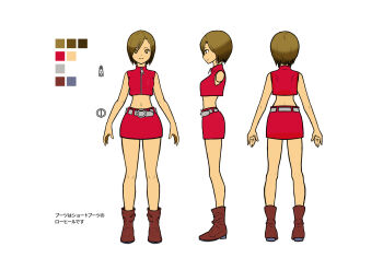 1girl belt belt_skirt boots brown_boots brown_eyes brown_hair color_guide cropped_arms cropped_jacket from_behind from_side full_body grey_belt high_collar highres jacket meiko_(vocaloid) multiple_views navel official_art pixie_cut production_art red_jacket red_skirt reference_sheet short_hair skirt sleeveless sleeveless_jacket smile stomach straight-on swept_bangs vocaloid wasshi_(wassy_m) white_background zipper